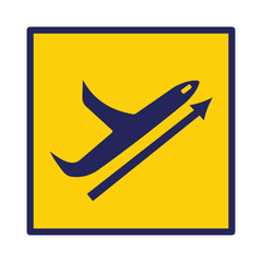 Dark blue airport departures signage shadow silhouette vector illustration on square yellow backgrounds. Simple flat cartoon object drawing.
