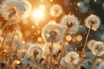 Dandelion Glow at Dawn, Serene Nature's Symphony. Concept Enchanted Forest, Magical Moonlight Moments