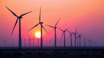 Imagine the tranquil beauty of a wind farm at sunset, where towering turbines stand silhouetted against the fading light. This scene symbolizes the harmony between technology and nature, 