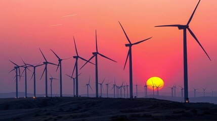 Imagine the tranquil beauty of a wind farm at sunset, where towering turbines stand silhouetted against the fading light. This scene symbolizes the harmony between technology and nature, 