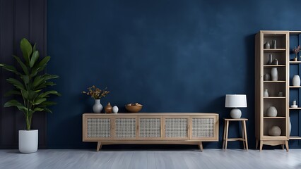 Living room with cabinet for tv on dark blue color wall background - obrazy, fototapety, plakaty