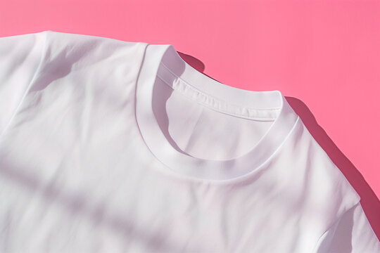 plain white crew neck t-shirt product photo on smooth Pink background