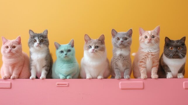 A group of cats of various colors sitting in a row on a pink surface against a yellow background.