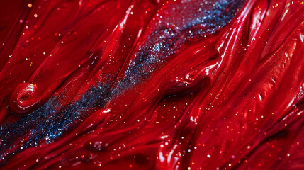 Close-up of red a and blue background with glitter liquid texture like slime