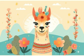 Fototapeta premium Portrait of a Lovely Lama. A holiday card. Funny alpaca in a sombrero. A Peruvian animal in a sombrero hat. Happy little lamb. Floral elements. Illustration