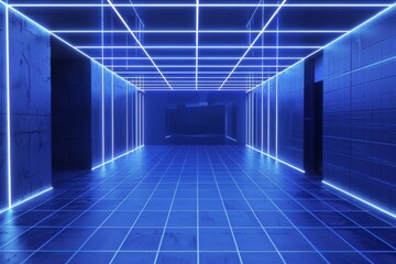 Futuristic neon-lit architectural corridor design - An image showing an empty corridor with illuminating neon blue lights, evoking a futuristic feel