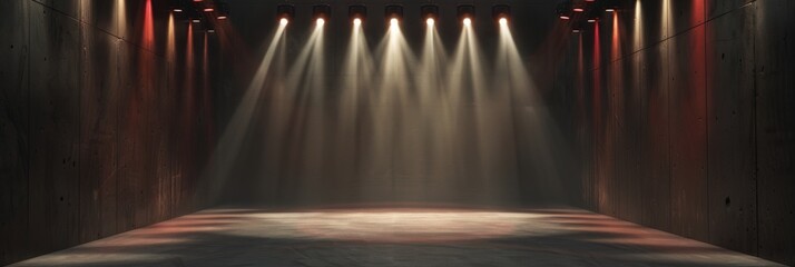 Spotlights shining down an empty dramatic stage - An empty stage with intense spotlights casting down dramatic shadows, inviting an upcoming performance - obrazy, fototapety, plakaty