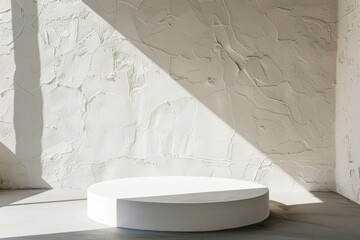 Circular podium with textured wall and casting shadows - Intriguing textures on the wall are complemented by a pure white circular podium with artistic shadows casting over the surface