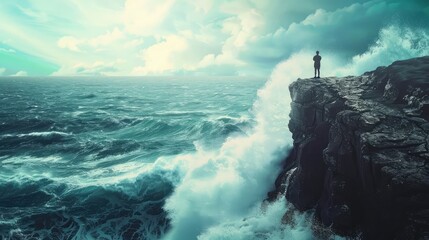 A lone figure standing on a cliff edge, facing a turbulent sea with waves crashing against the rocks below, - obrazy, fototapety, plakaty
