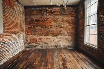 Interior of a vintage brick-walled room - Sunlight highlights the texture of a brick wall in a room with a vintage feel and hardwood floors - obrazy, fototapety, plakaty