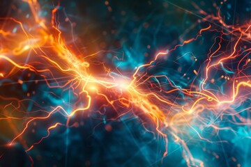 Vivid abstract energy flow with electric sparks - This abstract image captures a vivid and intense energy flow featuring electric sparks and dynamic lines across a dark field - obrazy, fototapety, plakaty