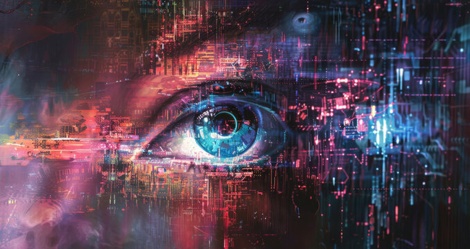 Digital eye amidst vibrant data streams - The image portrays a human eye surrounded by vivid digital glitches and abstract data flows, symbolizing technology and surveillance