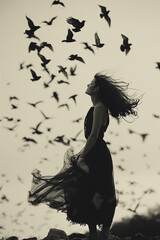 Fototapeta premium A woman is standing in the middle of a flock of birds