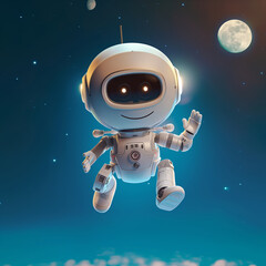 A futuristic astronaut robot in a spacewalk among stars with Earth's moon in the background, depicting space exploration.
