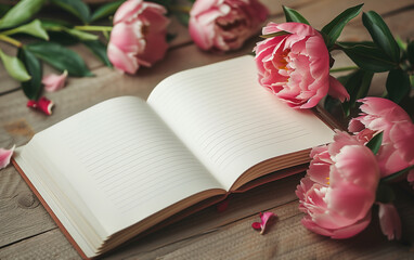 Fototapeta na wymiar Pink peonies laying next to an open vintage notebook with copy space.