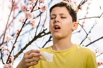Child with pollen allergy. Boy sneezing because of seasonal allergy. - obrazy, fototapety, plakaty