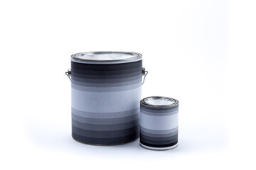 a closed gallon can of paint and a quart or liter can of paint  isolated on white