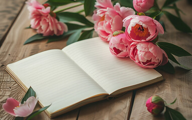 Pink peonies laying next to an open vintage notebook with copy space.