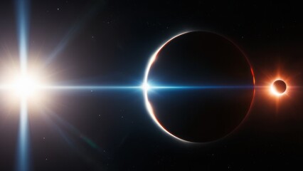 A dramatic solar eclipse with radiant solar flares and a darkened moon silhouette against a black sky