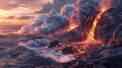 Molten Lava Flow Meeting the Ocean: A Captivating Display of Geothermal Power - obrazy, fototapety, plakaty