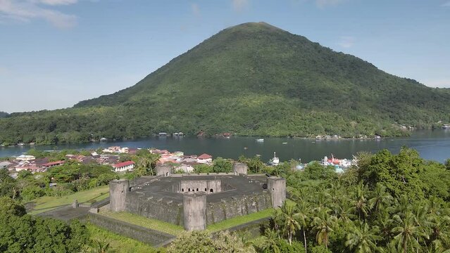 Aerial view of Fort Belgica With Banda Neira ocean In Background. Maluku, Indonesia, April 11, 2024