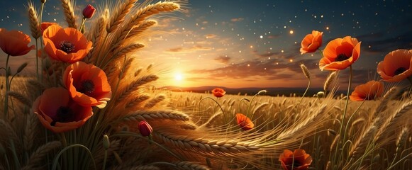 Beautiful background with wheat and red poppies