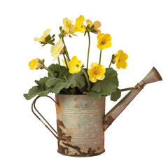 Watering can with bright yellow flowers