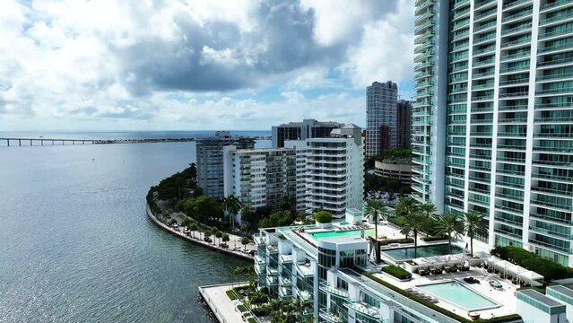 City waterfront with high rise swimming pool miami Brickell 4K Drone Video 