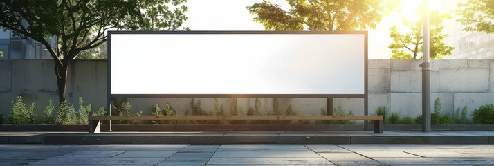 A large white billboard sits on a sidewalk next to a bench by AI generated image