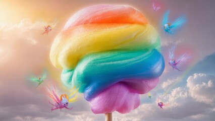 A vibrant, whimsical image featuring a colorful, rainbow-swirled cotton candy on a stick with dreamy fluffy clouds