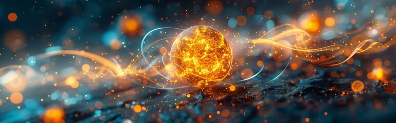 Obraz premium Banner with vibrant digital banner depicting the motion of atoms, nuclei, and electrons in a subatomic universe: backdrop for education and futuristic technology on micro and nano universe