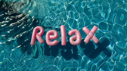 relaxing by the pool relax word spelled out in inflatable pool floats in a summer holiday