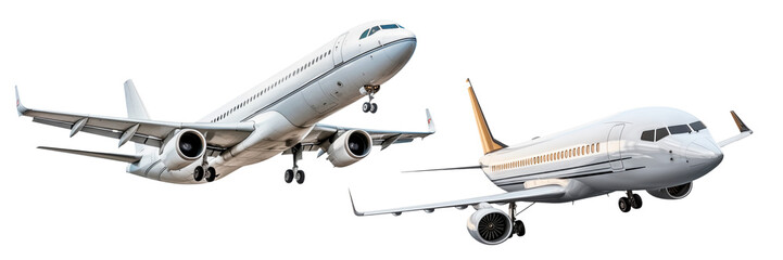 Set of taking off airplanes isolated on a white or transparent background. Close-up of a white airplanes, side view. Concept of vacation, traveling abroad. Graphic design element.