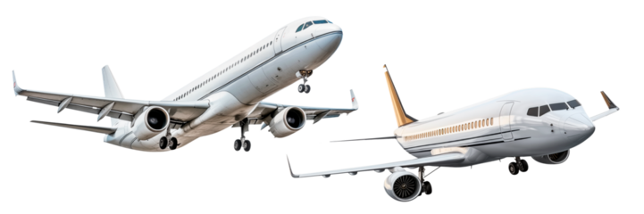 Set of taking off airplanes isolated on a white or transparent background. Close-up of a white airplanes, side view. Concept of vacation, traveling abroad. Graphic design element.