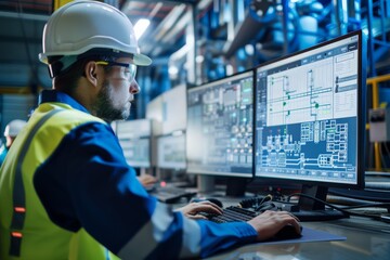 Focused male engineer oversees factory operations via sophisticated control system interface..