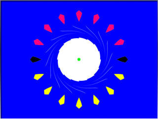 A large white circle with a green dot in the center is surrounded by a pattern of multicolored shapes against a bright blue background, within a border