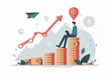 Naklejka premium Illustration of a businessman on coin stacks with growth charts and economic symbols..