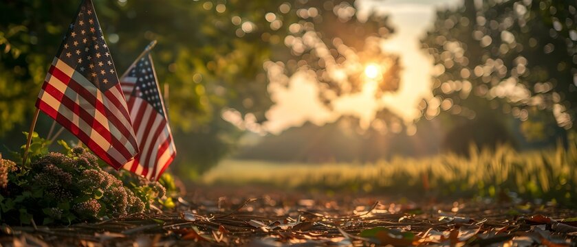Sunset Tribute: Honoring Heroes with Flags and Solitude. Concept Patriotic Photoshoot, Flag Photography, Sunset Remembrance, Heroic Tribute, Solitude Portrait