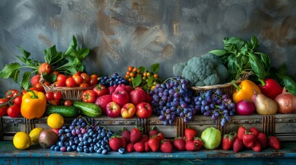 Vibrant display of fresh fruits and vegetables on a rustic table