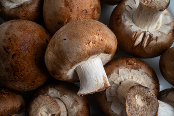 Freshly harvested Portobello mushrooms arranged in a rustic pile, perfect for culinary or...