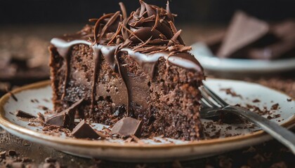 Slice of chocolate cake with chocolate frosting and chocolate shavings served on a dessert plate.
