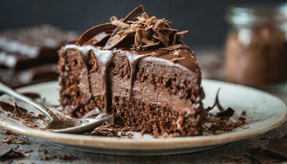 Slice of chocolate cake with chocolate frosting and chocolate shavings served on a dessert plate.
