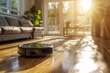 A robot vacuum cleans a wood floor in a living room