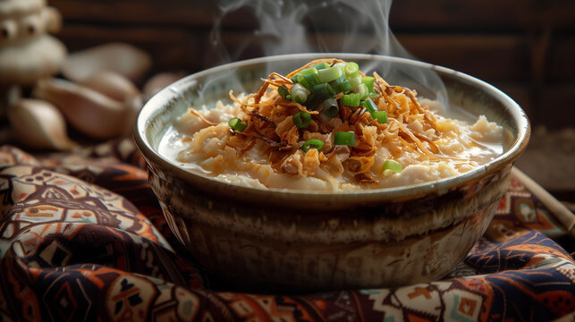 A photo of A steaming bowl of bubur ayam, adorned with shredded chicken, fried shallots, and chopped green onions, presented on a ceramic bowl against a backdrop of traditional Indonesian batik fabric
