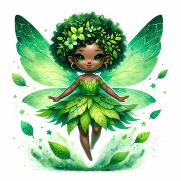 A captivating illustration of a green fairy doll with delicate leaf-shaped wings and a dress made of foliage.