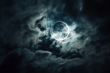Moonlight illuminates cumulus clouds in the dark sky, surrounding the full moon