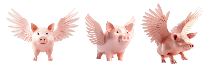 Set of flying piggy banks with wings isolated on a white or transparent background. Close-up of a flying pink piggy banks with wings, side and front view. Concept of saving for dreams.