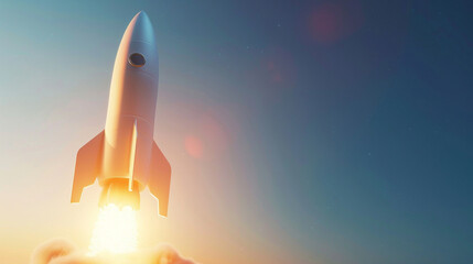 An abstract 3D render featuring a rocket in a minimalistic setting,