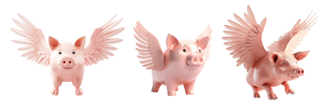 Set of flying piggy banks with wings isolated on a white or transparent background. Close-up of a flying pink piggy banks with wings, side and front view. Concept of saving for dreams. - Powered by Adobe