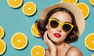 Pop art collage pretty girl wearing hat and yellow sunglasses, green background with oranges